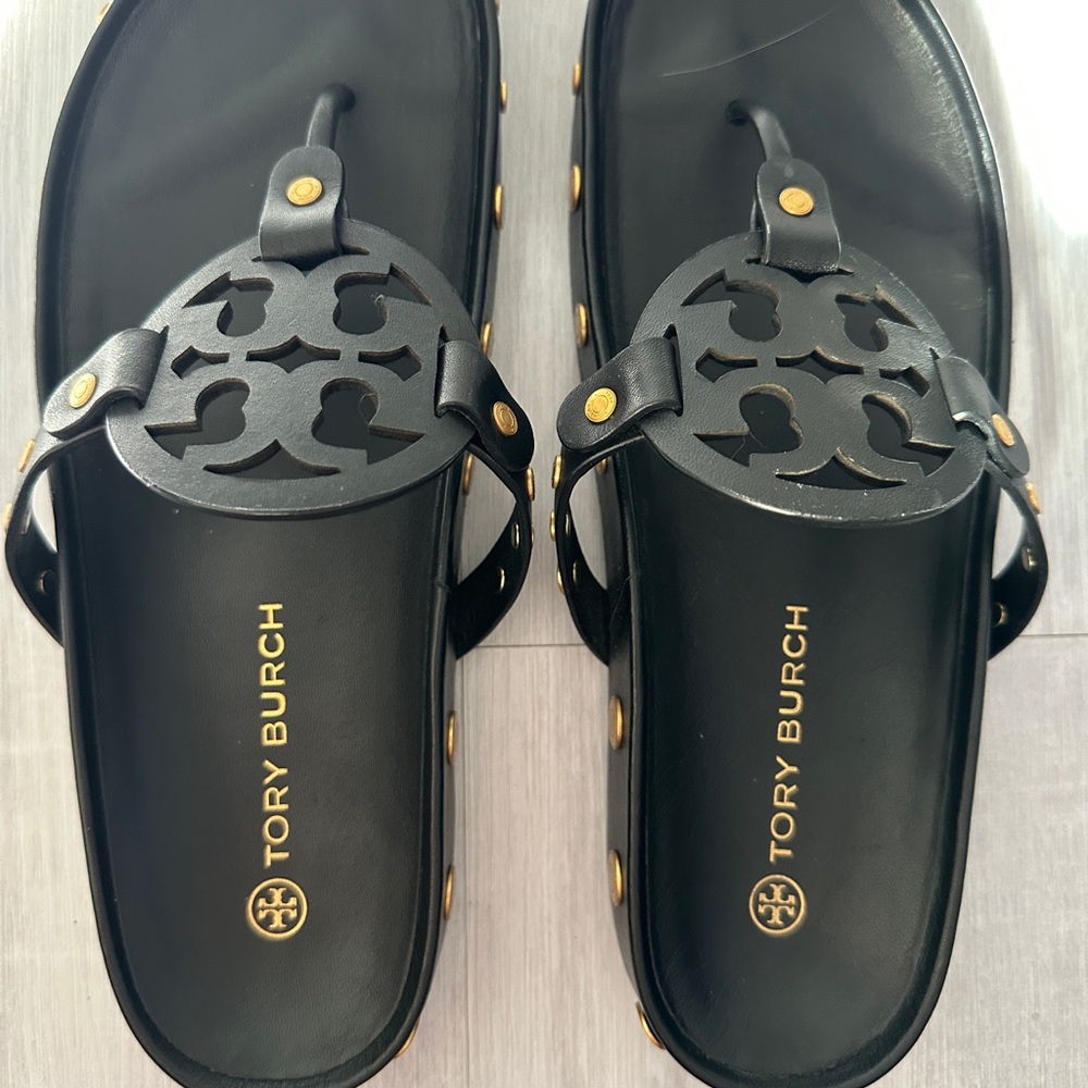 Tory Burch Miller Black Slides with Gold Details